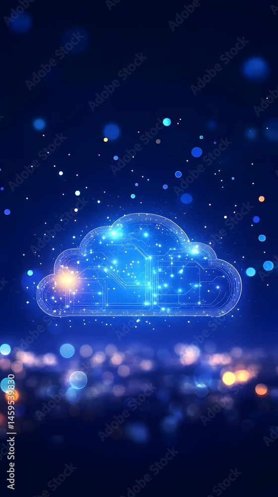 Poster glowing cloud, data-driven future, sparkling lights, cityscape bokeh background