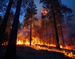 An overhead view of a forest fire at night. Generated with AI