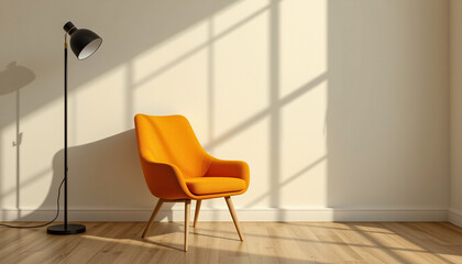 single chair in spotlight, open laptop beside