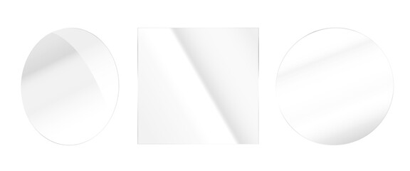 Glass effect, set of mirrors on transparent background, transparent glass showcase, mirror, window. Realistic glossy plate with glare, vector png.