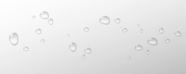 Realistic vector water drops png on a transparent light background. Water condensation on the surface with light reflection and realistic shadow. 3d vector illustration