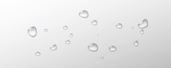 Realistic vector water drops png on a transparent light background. Water condensation on the surface with light reflection and realistic shadow. 3d vector illustration