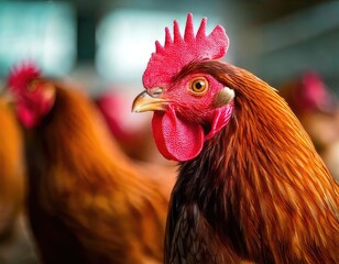 Close-up of a chicken on a poultry farm, with blurred chickens in the background. Generated with AI