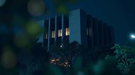 modern brutalism building with lush greenery, created by generative ai