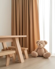 Light-toned wooden children's table and benches sit near a window with tan curtains, a teddy bear rests nearby