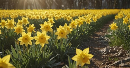 Fototapeta premium Sunlit field of vibrant yellow daffodils, petals gleaming , background, golden, yellow petals