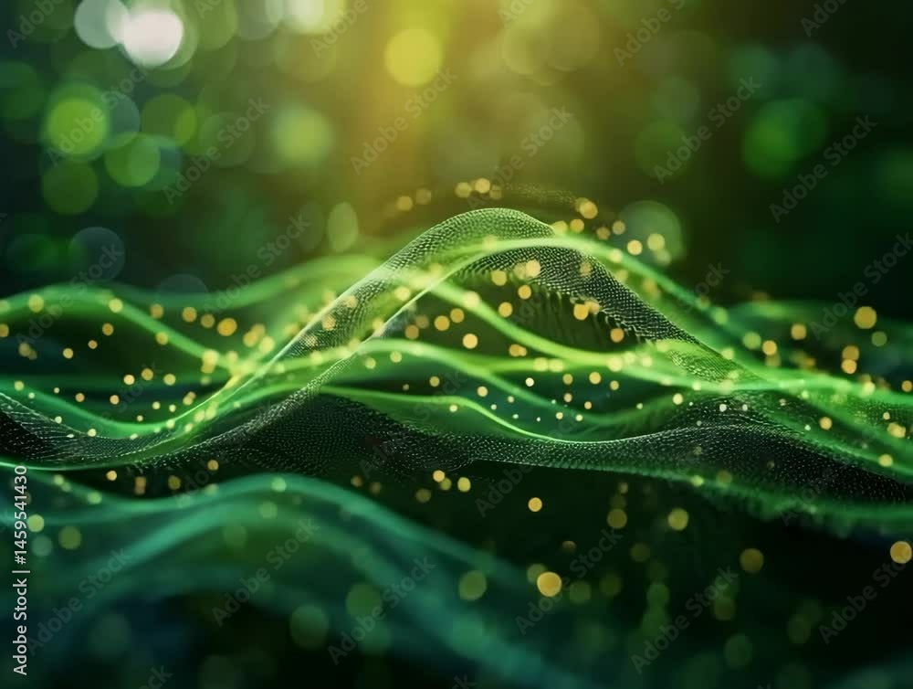 Poster visual exploration of flowing patterns with bright lights amidst a lush green backdrop during aftern