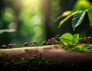 Leaf-carrying ants moving along a forest trail. Generated with AI