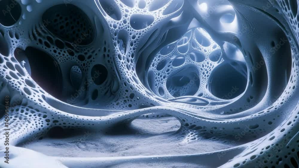 Poster exploring intricate abstract structures in a surreal digital environment