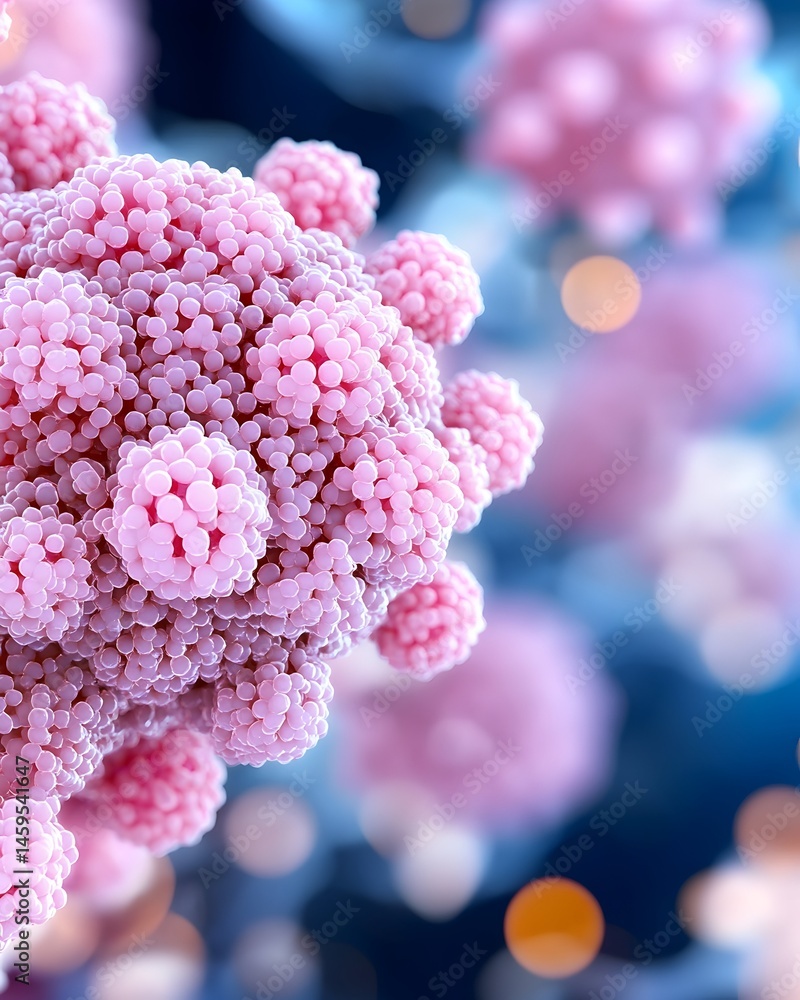 Poster microscopic view of a virus particle, showing its complex, spiky structure against a blurred backgro