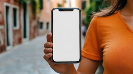 Woman holding smartphone with blank white screen outdoors