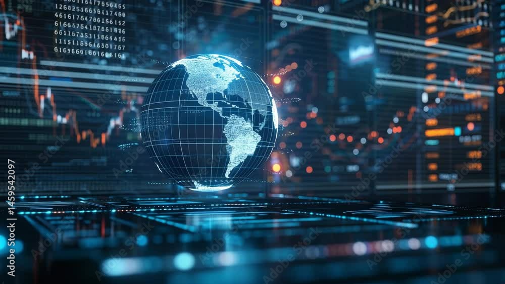 Aufkleber exploring the intersection of technology and global data visualization in a futuristic environment