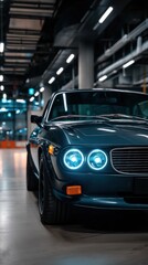 Obraz premium Classic car restoration showing blue head lights and design details of a teal vehicle in a dim parking garage environment