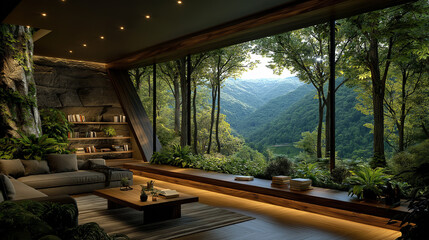 Modern Living Room with Mountain View: A contemporary living room design featuring a cozy sofa, coffee table, and an expansive window overlooking breathtaking mountain views.