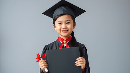 Asian Little Chinese girl wearing graduation cap and holding diploma