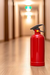 Red fire extinguisher sits on a light wood floor in a long hallway