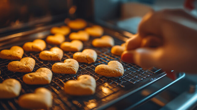 Woman placing heart-shaped cookies on a tray into the oven for Valentine's Day