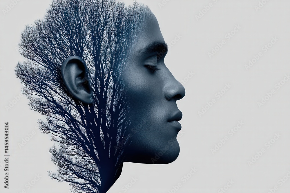 Poster human silhouette with intricate tree branches symbolizing deep connection between nature and identit