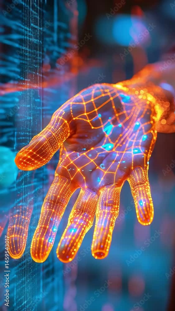 Poster exploring digital art with glowing patterns and vibrant colors in a high-tech environment