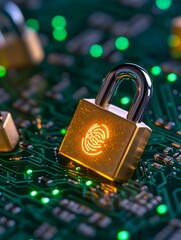 Secure digital transaction, padlock on circuit board