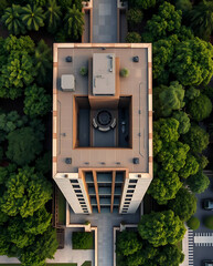 modern brutalism building with lush greenery, created by generative ai