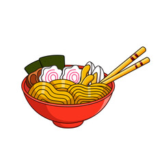 Bowl of ramen noodles cartoon illustration and chopsticks perfect for food blogs, restaurant menus, Asian cuisine magazines, and social media content.