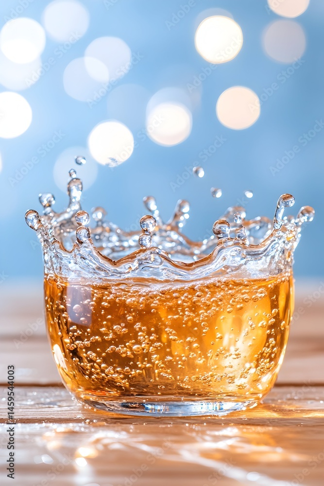 Aufkleber sparkling amber liquid in a glass, creating a splash against a bokeh background