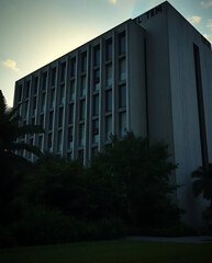 modern brutalism building with lush greenery, created by generative ai
