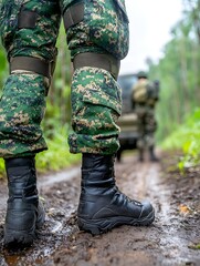 Soldier's legs in camouflage fatigues and boots on muddy path, another soldier in background