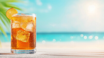 Tropical Iced Drink Refreshment:  A cold, refreshing beverage with ice and garnish sits on a table, overlooking the vibrant ocean and bright sky of a sun-kissed tropical locale.