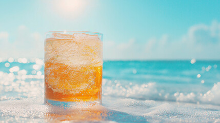 Tropical Sip: A refreshing tropical cocktail, with its vibrant colors, sits elegantly on a sandy beach, blending the simple joy of a perfectly crafted drink with the serene backdrop of the ocean.