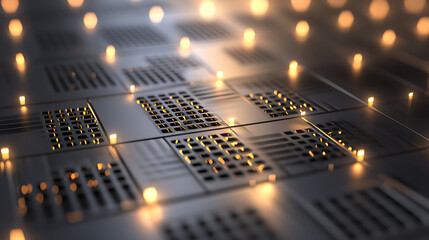 A black and white image of a grid of squares with lights shining on it