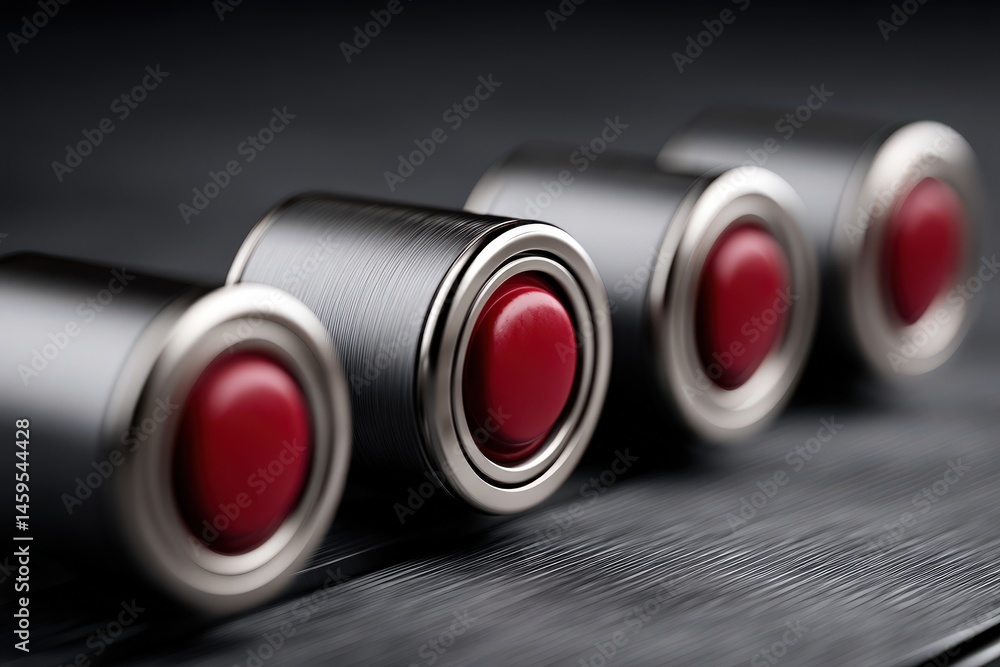 Poster close-up view of metallic push buttons with glossy red caps lined on a textured gray surface showcas