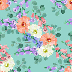 Seamless vector illustration with digitalis and chrysanthemum on a turquoise background. For decorating textiles, packaging