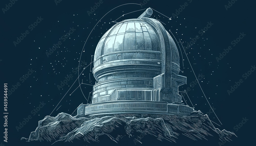 Poster illustration of a building with a dark blue background. depicts a detailed structure with an array o
