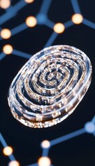 Transparent, swirling disc, glowing faintly, set against a network backdrop
