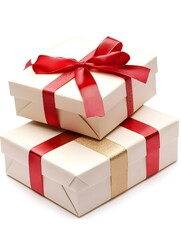 Fototapeta premium Two elegantly wrapped gifts, off-white boxes with red and gold ribbons