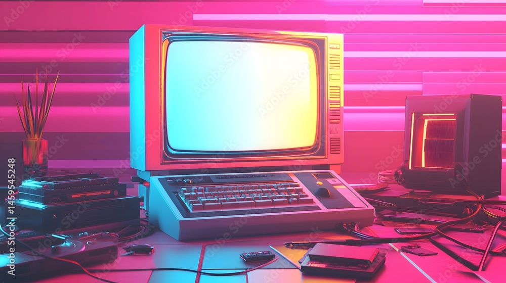 Poster retro style computer setup in vibrant neon lighting.