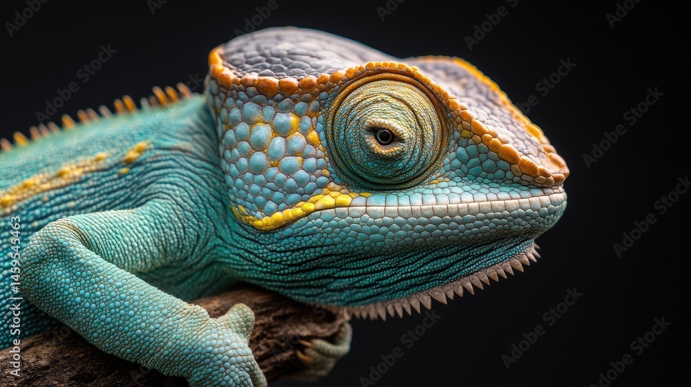 Poster a close-up of a colorful chameleon textured skin, intricate patterns and hues glowing under dappled 