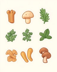 Watercolor illustration of various mushrooms, herbs, and leaves on a cream background