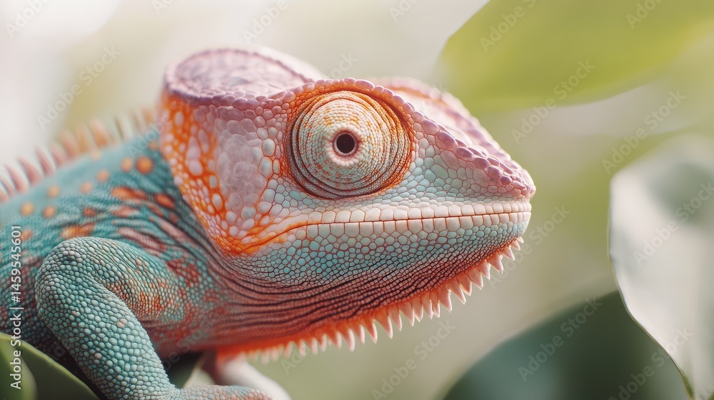 Poster a close-up of a colorful chameleon textured skin, intricate patterns and hues glowing under dappled 