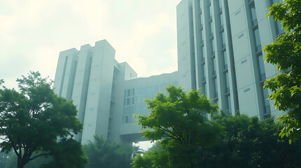 modern brutalism building with lush greenery, created by generative ai
