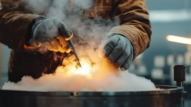 Close-up of an engineer inserting a temperature probe into a glowing sand battery core, surrounded by thick steam, illustrating advanced thermal energy storage in a high-tech environment.