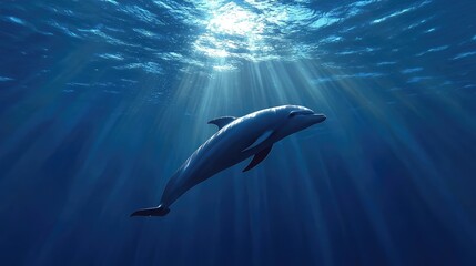 Naklejka premium A dolphin makes a high leap over the open sea, the deep blue water glistening under the sun. No people.