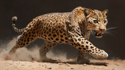Naklejka premium A fierce leopard mid-sprint, its sharp eyes scanning ahead, every muscle engaged in motion. No people.