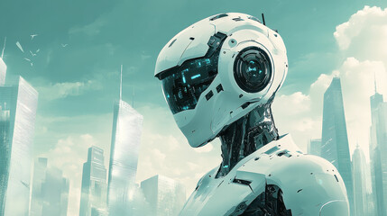 Futuristic Robot in Teal Cityscape Digital Art