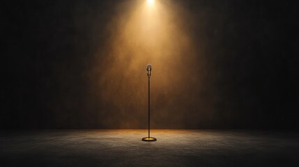 Golden spotlight on single microphone stand dark background