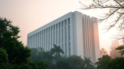 modern brutalism building with lush greenery, created by generative ai