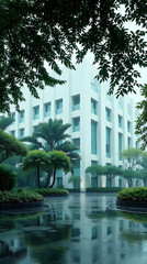 modern brutalism building with lush greenery, created by generative ai