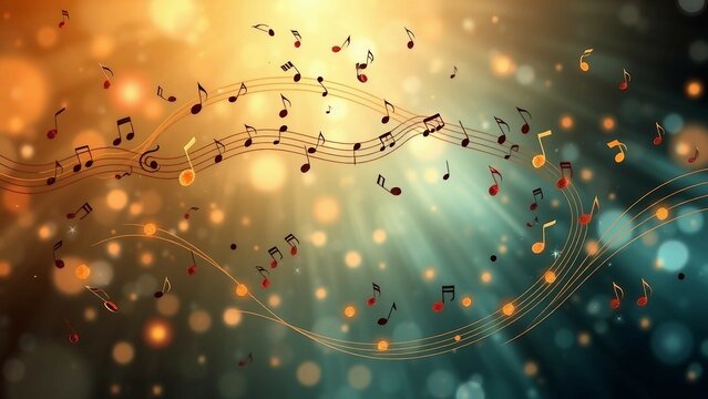 Leuchtende Musiknoten schweben &uuml;ber einem gold-blauen Bokeh-Hintergrund &ndash; harmonisch, lichtdurchflutet und inspirierend.